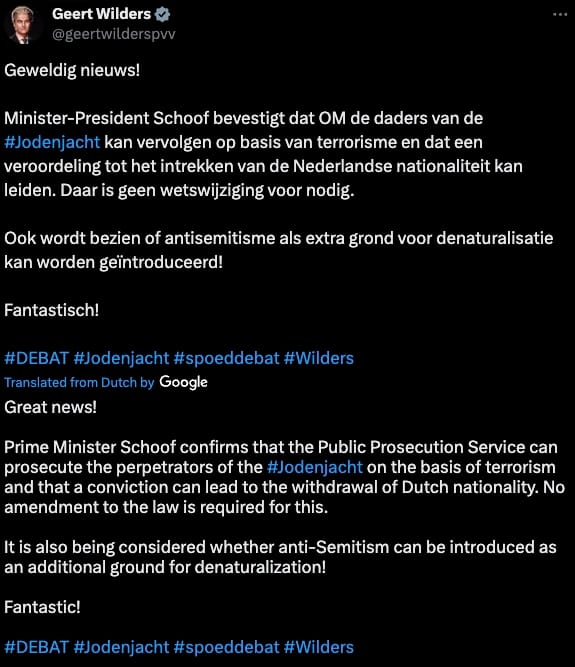 Geert Wilders' post on X
