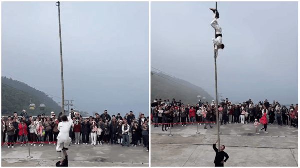 Acrobat Balancing A Stunt Man On a 6-Meter-Long Bamboo
