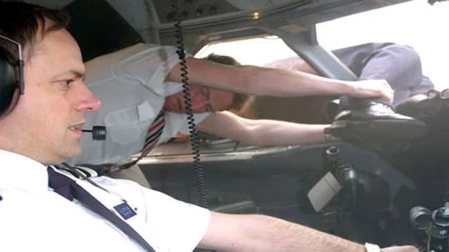 Reconstruction of Captain Timothy Lancaster outside the aircraft.