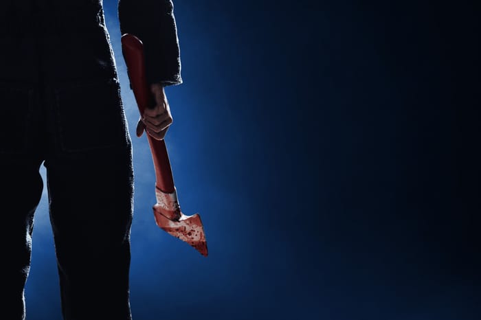 Man with bloody ax. Illustration.