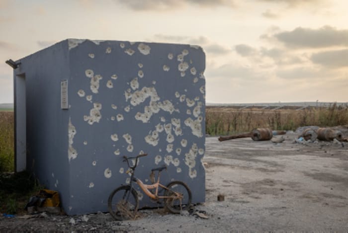 The damage caused to a public bomb shelter at the October 7 massacre, southern Israel, April 30, 2024.