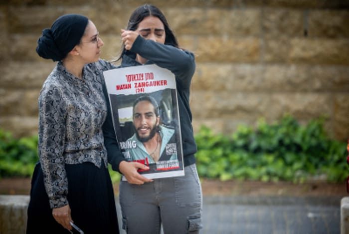 Families of Israelis held hostage by Hamas terrorists during a protest in Jerusalem, May 6, 2024.