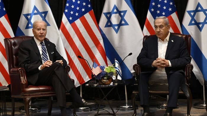 US President Joe Biden listens to Israel's Prime Minister Benjamin Netanyahu