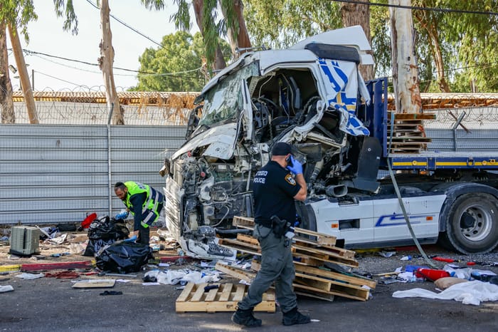 The scene where a truck rammed into a bus stop near Glilot in central Israel, October 27, 2024.
