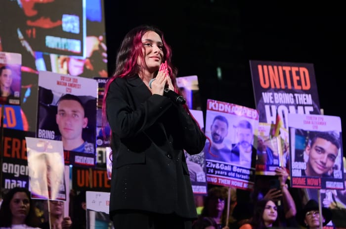sraeli singer Eden Golan at a rally calling for the release of Israelis held hostage by Hamas terrorists, Tel Aviv, May 18, 2024.