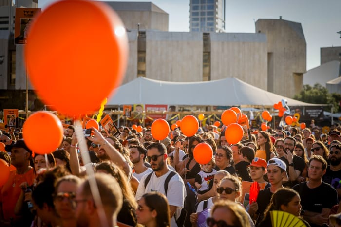 Relatives of Israeli hostage Ariel Bibas and supporters mark his 5th birthday in Hamas captivity, at Hostage Square in Tel Aviv, August 5, 2024.