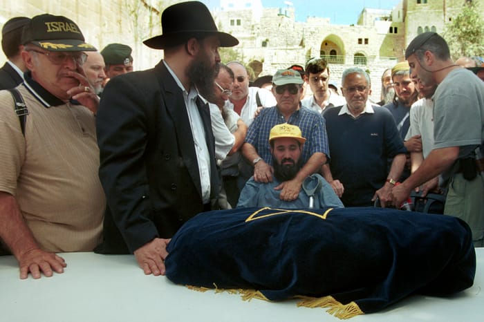 The funeral of baby Shalhevet Pass who was shot and killed by a Palestinian at close range during the Second Intifada. March 26, 2001.