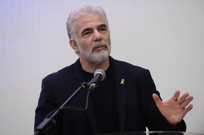 Head of opposition Yair Lapid speaks at a conference entitled "Opportunities for Israel under Trump", in Tel Aviv. January 28, 2025