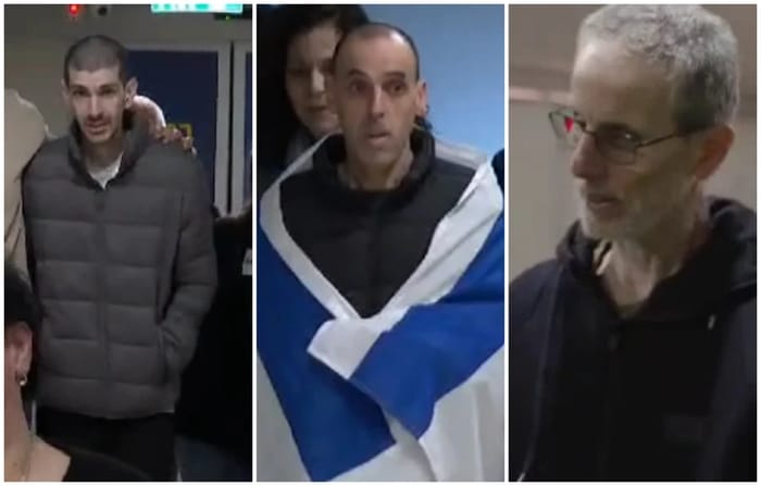 released hostages Or Levi, Eli Shapiro and Ohad Ben Ami in awful condition