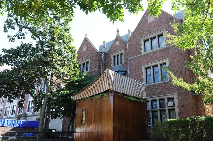View of a sukka "temporary shelter" built for Sukkot, outside the house of the Lubavitcher Rebbe, 770 Eastern Parkway, the headquarters of Chabad in Crown Heights, Brooklyn