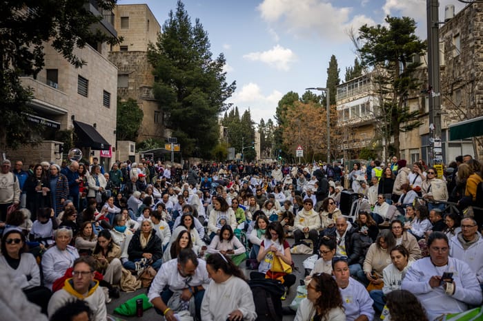 Families of Israelis held hostage in the Gaza Strip and supporters attend a silent protest calling for the release of Israelis held hostage in the Gaza Strip, outside the Prime Minister's residence in Jerusalem, February 17, 2025