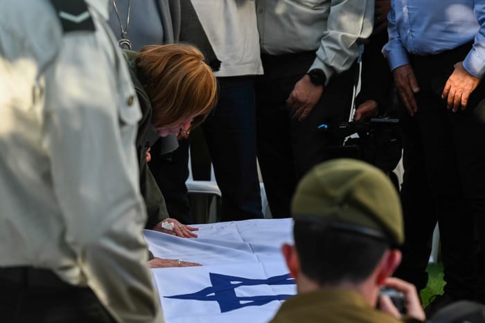 Zahava Shaul, mother of late Israeli soldier Oron Shaul mourn during her son funeral at the cemetery in Poria Illit on January 20, 2025.