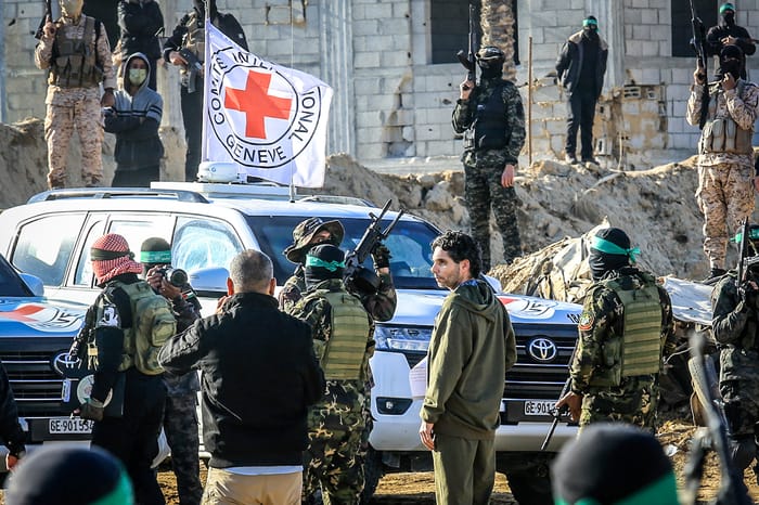 Al-Qassam Brigades hand over Israeli hostages Ofer Kalderon and Yarden Bibas to the Red Cross, as part of the ceasefire agreement between Israel and Hamas, in Khan Yunis, southern Gaza Strip. February 01, 2025.