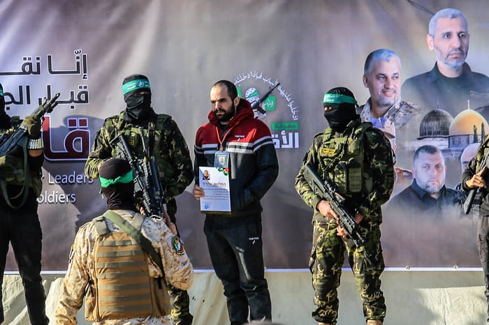 Al-Qassam Brigades hand over Israeli hostages Ofer Kalderon and Yarden Bibas to the Red Cross, as part of the ceasefire agreement between Israel and Hamas, in Khan Yunis, southern Gaza Strip. February 01, 2025. 