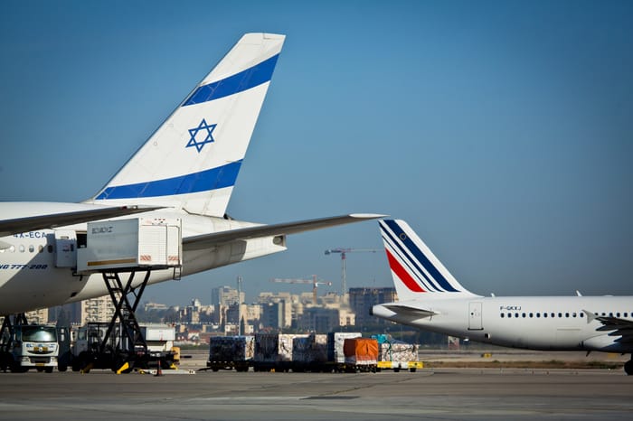 An El Al flight and Air France flight seen at the airstrip at the Ben Gurion International Airport