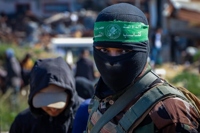 Members of the Al-Qassam Brigades, the military wing of Hamas, Al-Shati camp, in Gaza City, February 28, 2025.