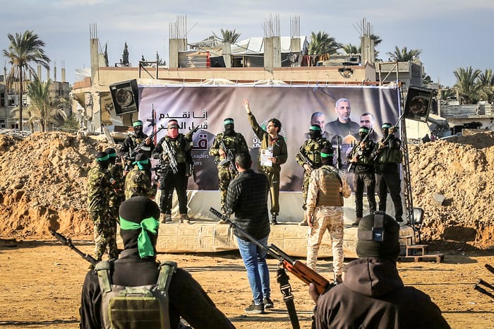 Al-Qassam Brigades hand over Israeli hostages Ofer Kalderon and Yarden Bibas to the Red Cross, as part of the ceasefire agreement between Israel and Hamas, in Khan Yunis, southern Gaza Strip. February 01, 2025.