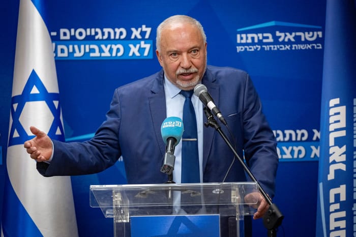 Yisrael Beiteinu party chairman MK Avigdor Lieberman leads a faction meeting at the Knesset, the Israeli parliament in Jerusalem, on February 24, 2025. 