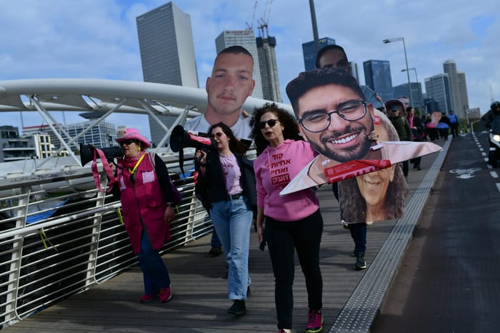 Relatives of Israelis held hostage by Hamas terrorists in Gaza and supporters protest for their release, in Tel Aviv, March 20, 2025. 