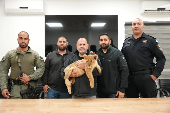 Police holding a lion cub found in the Negev