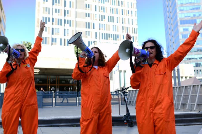Israel protest against Israeli Prime Minister Benjamin Netanyhu outside the District court in Tel Aviv, where Israeli Prime Minister Benjamin Netanyahu is testifying in the trial against him, March 24, 2025. 