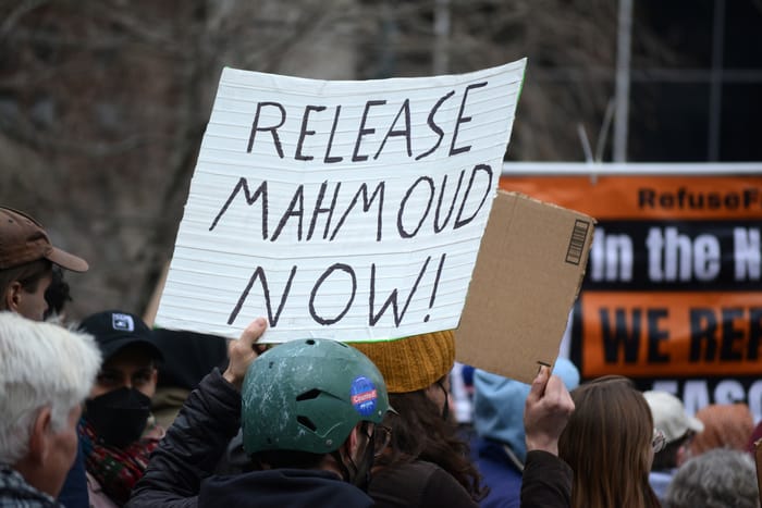 March 12, 2025: Rally outside a federal courthouse in support of the release of student activist Mahmoud Khalil in Manhattan