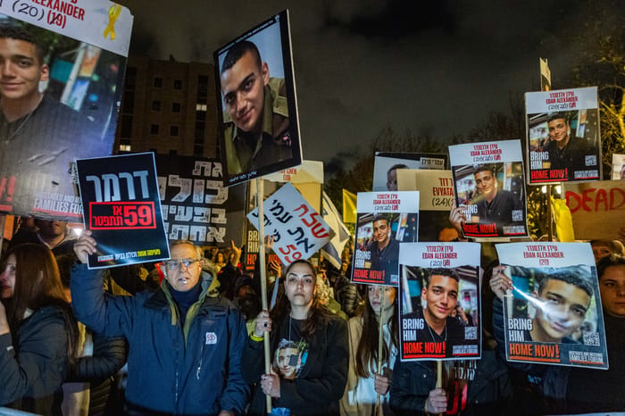 Families of Israelis held hostage in Gaza and supporters protest for the release of hostages held in Gaza, outside the home of Minister of Strategic Affairs Ron Dermer, in Jerusalem, on April 13, 2025. 