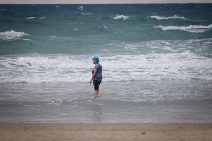 View of the beach in Hadera, on a windy day. November 11, 2024. 