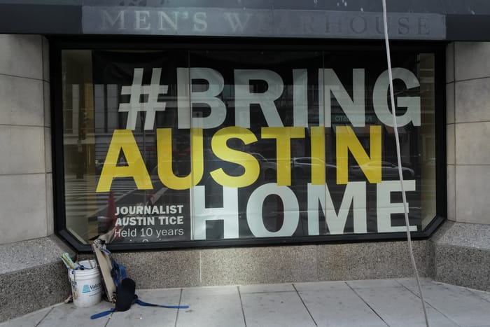 A sign at the National Press Club calling for the release of journalist Austin Tice held captive in Syria since 2012 