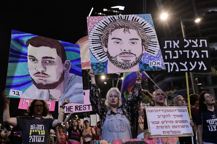 Demonstrators protest against the Israeli government and for the release of Israelis held hostage in the Gaza Strip outside Hakirya Base in Tel Aviv, May 10, 2025. 
