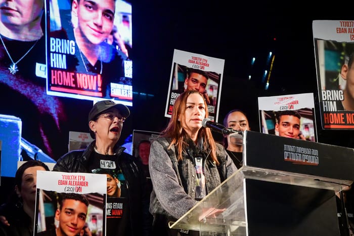 Yael Alexander, mother of Israeli hostage Edan Alexander speaks during a rally calling for the release of Israelis held hostage by Hamas terrorists in Gaza, at "Hostage Square" in Tel Aviv, November 30, 2024