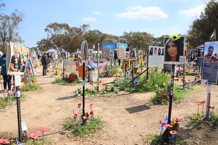 Memorial composed of photos of young Israelis killed during the terrorist attack on the NOVA Festival which took place on October 7, 2023 a few kilometers from Gaza