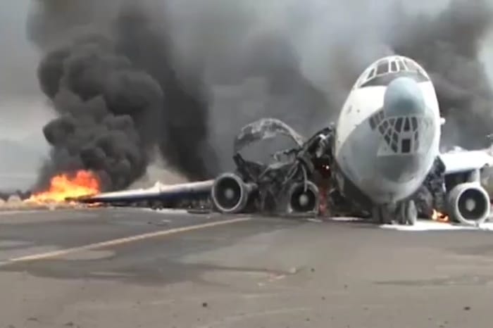 A Houthi aircraft in flames following the Israeli Air Force strike on Sanaa Airport