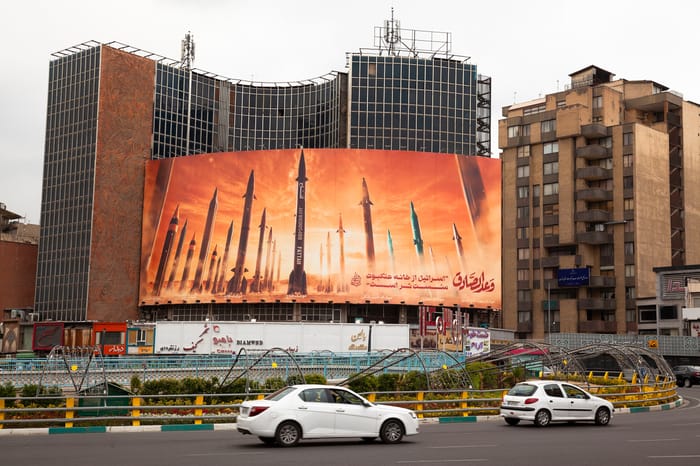 Tehran: A billboard shows Iran's ballistic missiles fired at Israel. 