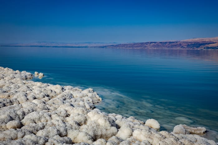 Salt formations on the shore of the Dead Sea, on May 6, 2025. 