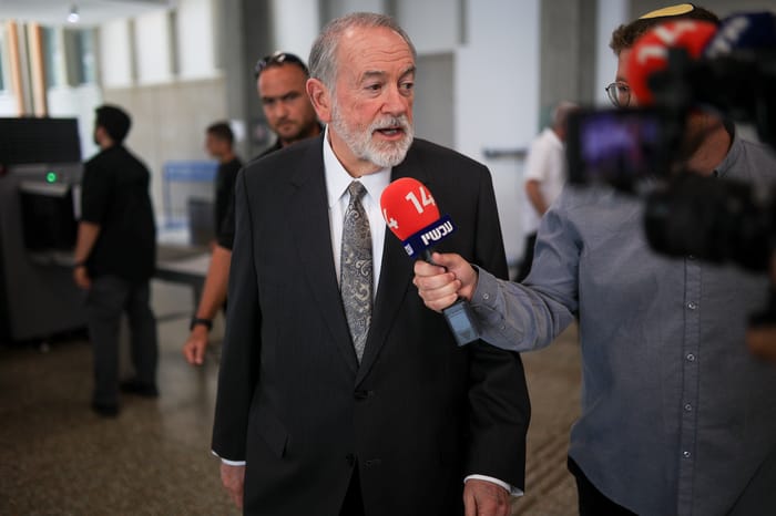 US Ambassador to Israel Mike Huckabee arrives to a court hearing of Israeli Prime Minister Benjamin Netanyahu at the District court in Tel Aviv, July 16, 2025