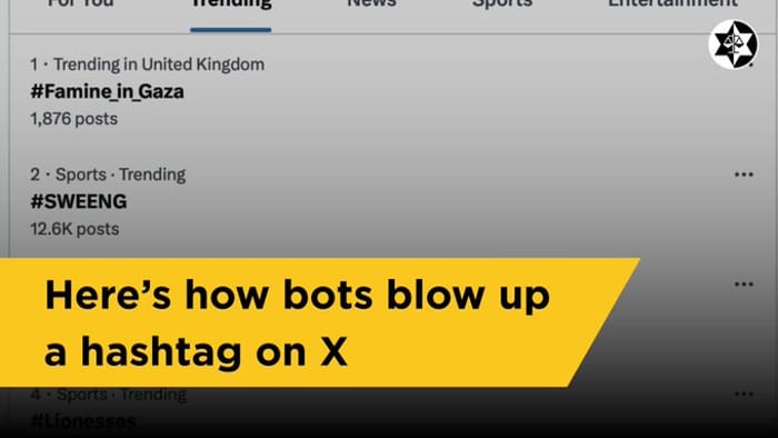X/Twitter post exposing the bot hijacking of trending tags in the UK