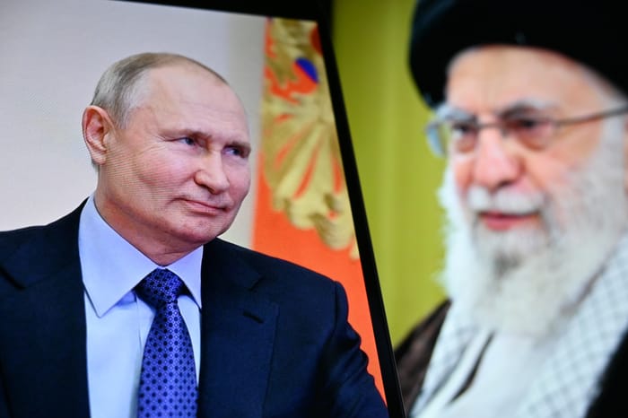 Russian President Vladimir Putin , with Iran's Supreme Leader Ayatollah Ali Khamenei