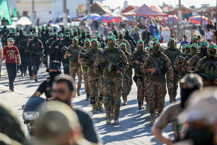 Members of the al-Qassam Brigades, the military wing of Hamas, east of Gaza City