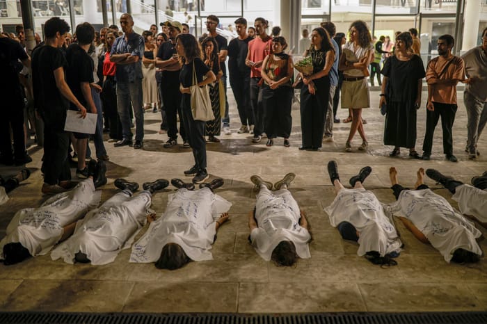 Bezalel students protest demanding an end to the war in Gaza, and against the humanitarian crises there, outside the Bezalel Academy of Arts and Design in Jerusalem, July 30, 2025