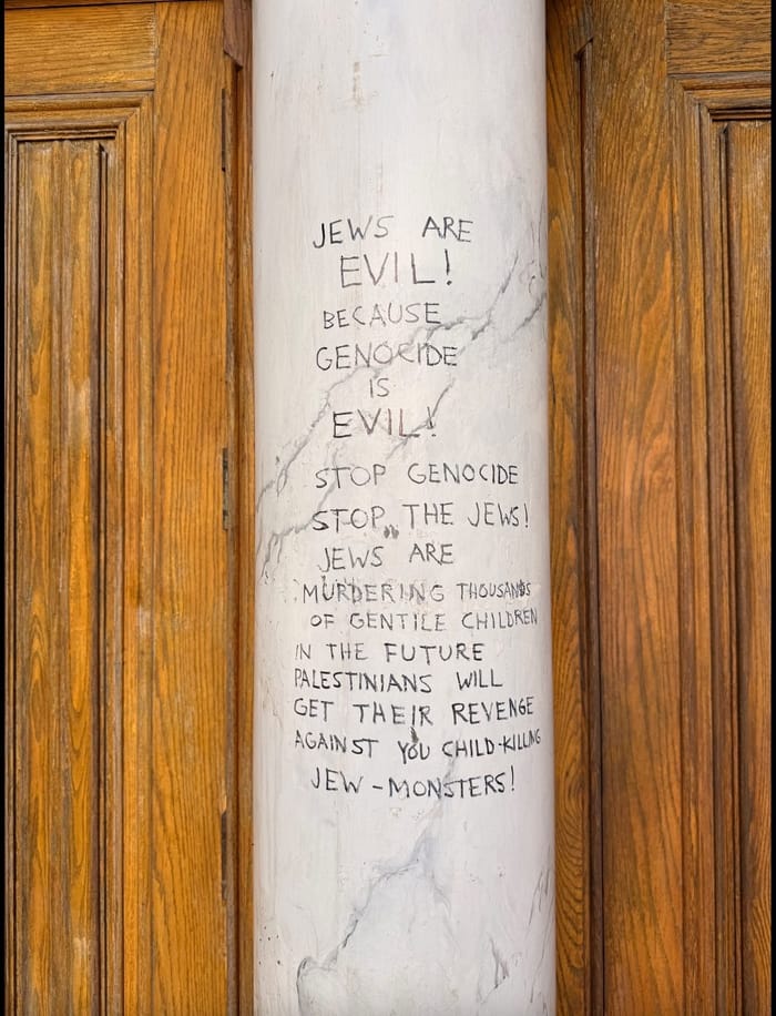 The horiffic graffiti at the Canada synagogue