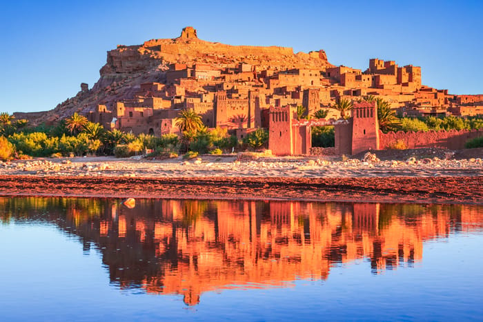 Ait-Benhaddou, Morocco. Ouarzazate province, striking example of Kasbah in southern Morocco, Atlas Mountains.