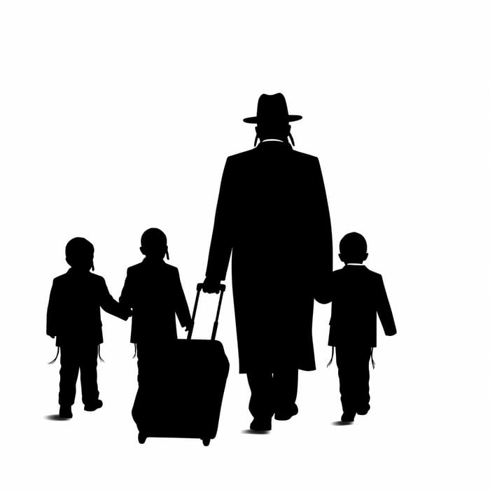 A silhouette of an Orthodox Jewish man walking away, seen from the back.
