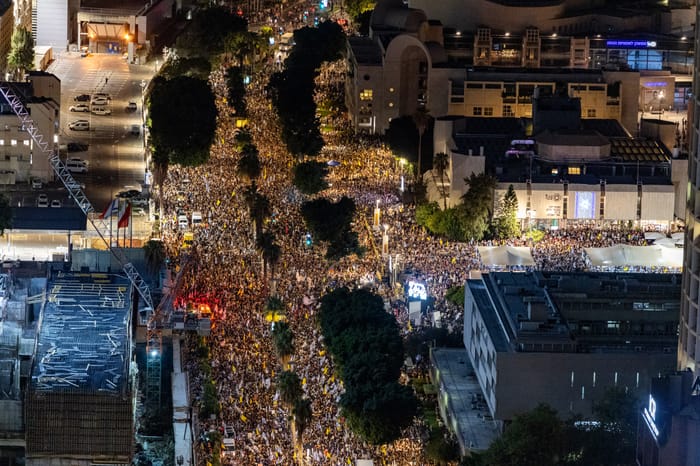 People gather at Hostage Square in Tel Aviv during a rally calling for the release of hostages held in Gaza, August 17, 2025.