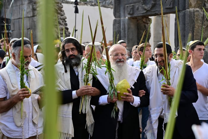 Rabbi Shmuel Eliyahu and his students hold the Four Species as they attend a morning prayer during the Jewish holiday of Sukkot, in Katzrin, northern Israel, on October 12, 2025. 