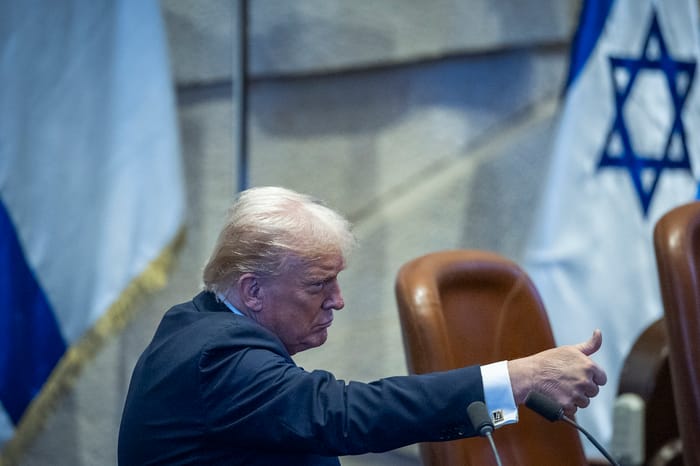 U.S. President Donald Trump speaks during a special plenum session held in his honor at the Knesset, Israel’s parliament in Jerusalem, on October 13, 2025. 