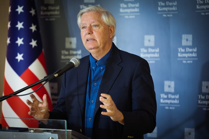 US Senator Lindsey Graham speaks during a press conference in Tel Aviv, August 28, 2025. 
