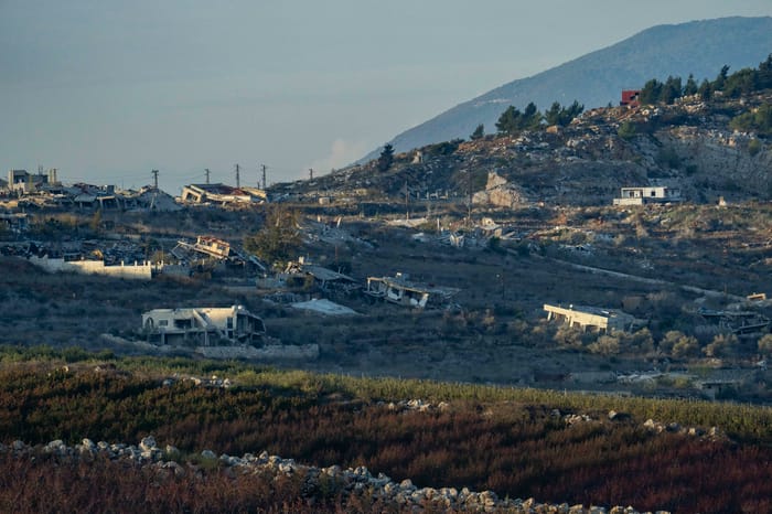Destroyed homes in Southern Lebanon, as it seen from the Israeli side of the border, on December 13, 2025. 