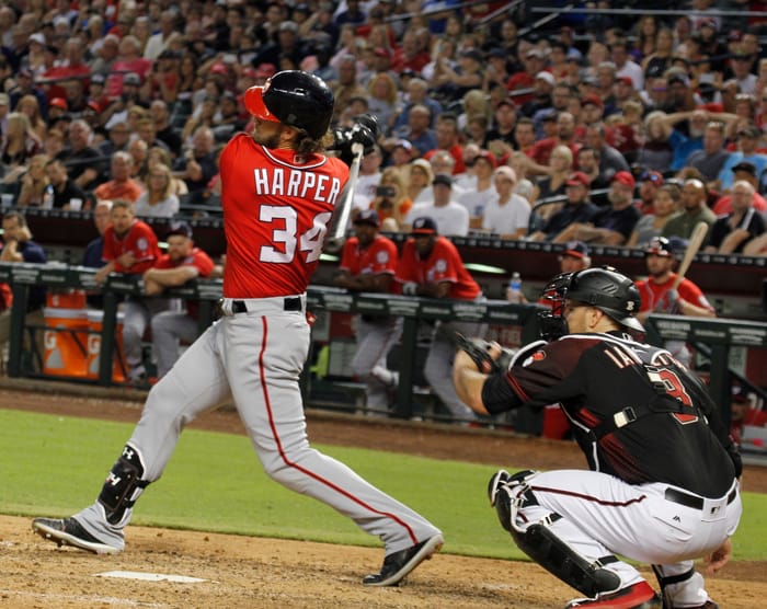 Bryce Harper, then right fielder for the Washington Nationals, at Chase Field in Phoenix,AZ USA July 22,2017.