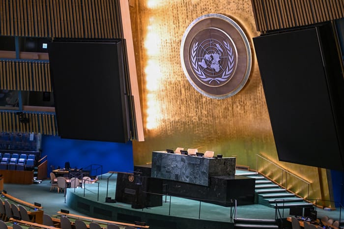 View of the General Assembly Hall of the United Nations, in NYC, USA, on September 15, 2025.